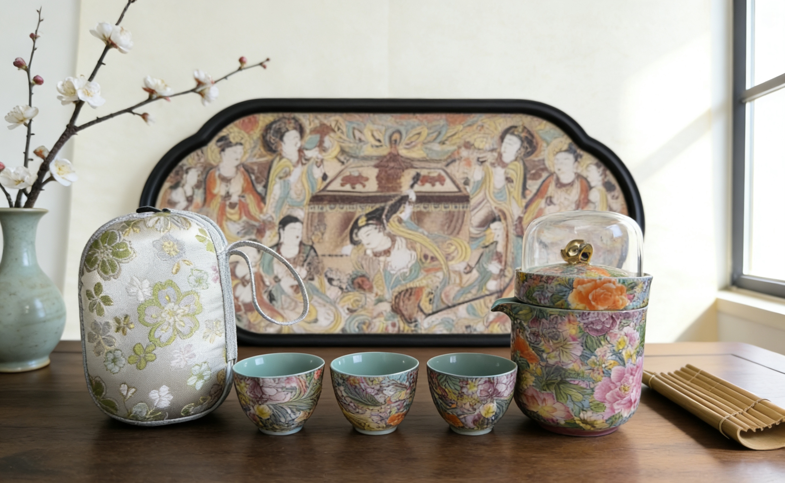 LX111珐琅彩户外旅行功夫茶具套装过滤内胆一壶四杯带茶盘