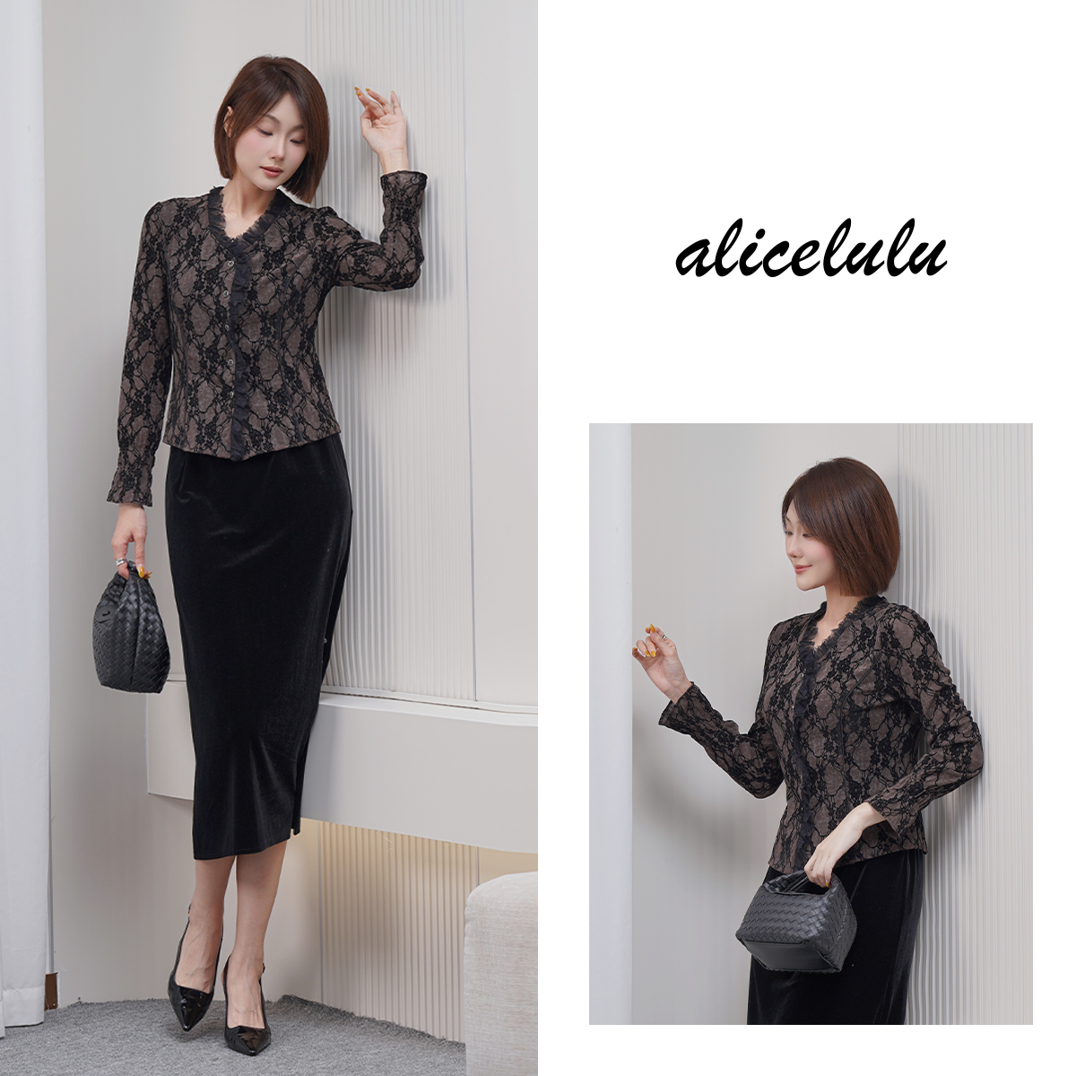 1alicelulu复古气质V领拼蕾丝花边微喇袖衬衫S2144980E