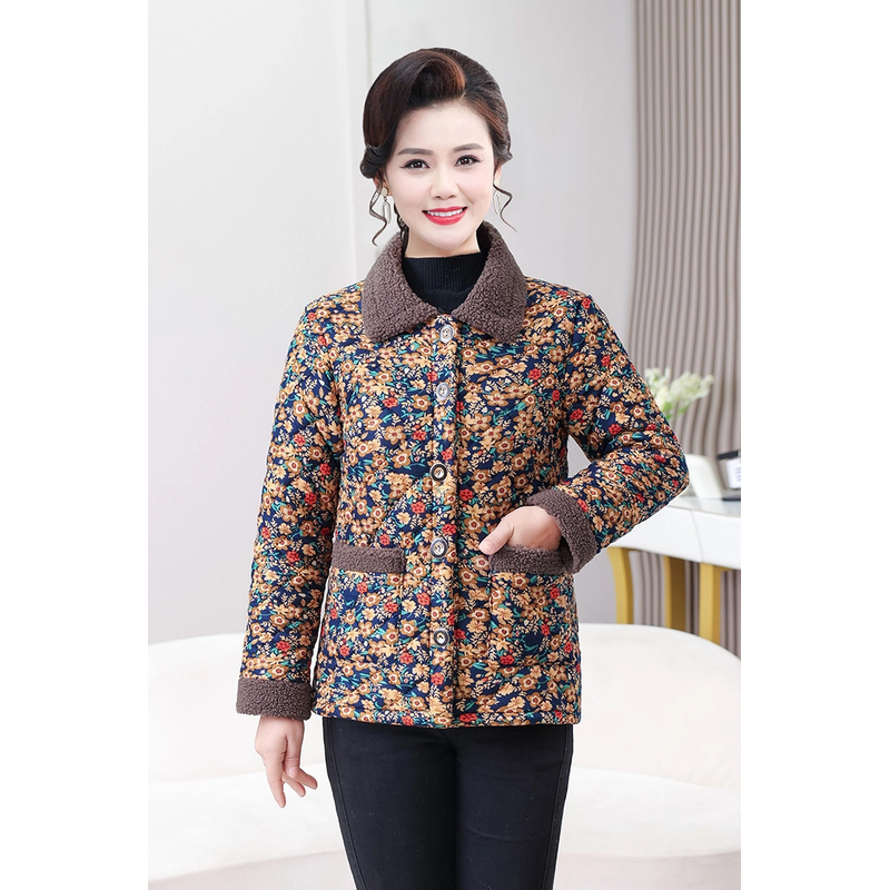 冬季新款中老年翻领加绒加厚休闲小棉袄时尚保暖洋气减龄显瘦棉服