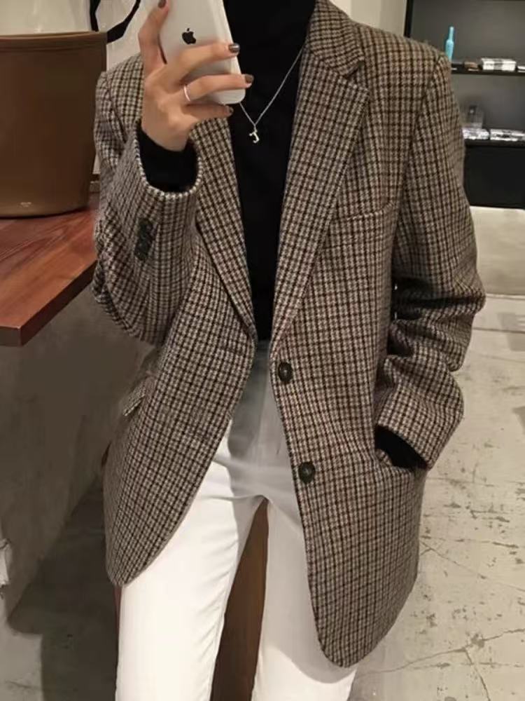 6629 GZ西装韩版复古格子毛呢千鸟格宽松显瘦英伦风外套  