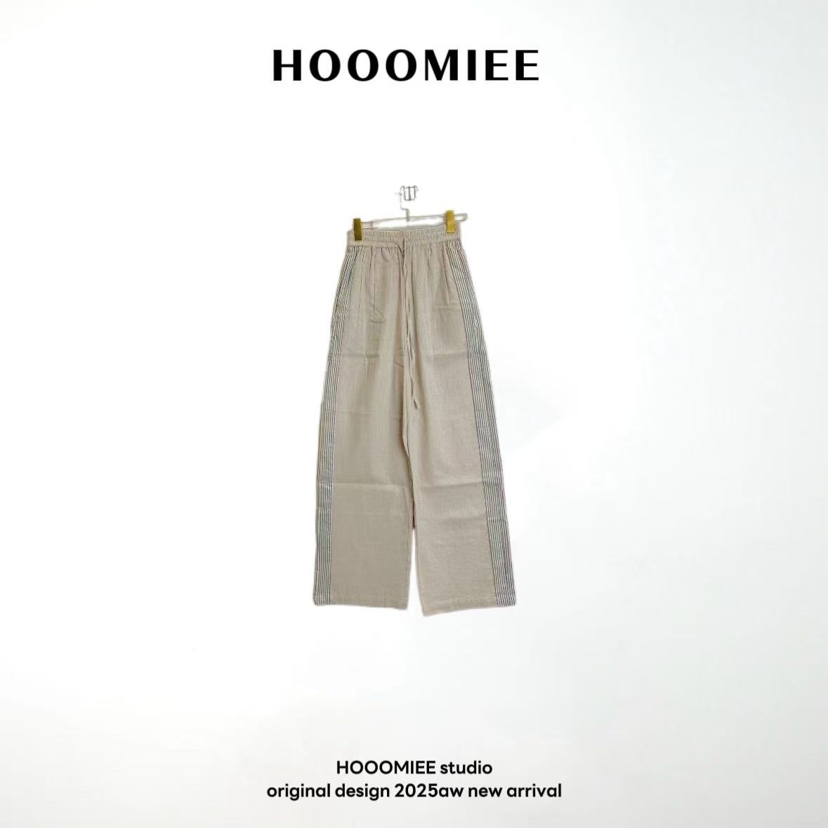 Hooomiee休闲风拼接直筒亚麻裤夏季简约时尚长裤6297