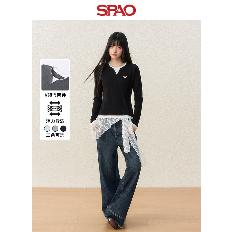 SPAO韩国同款假两件长袖t恤女春秋V领小熊贴布绣打底衫外穿上衣ZL