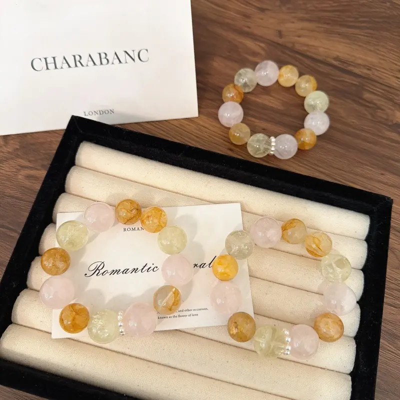 X2163墨粉黄水晶黄胶花手链高端轻奢手串多样性发一