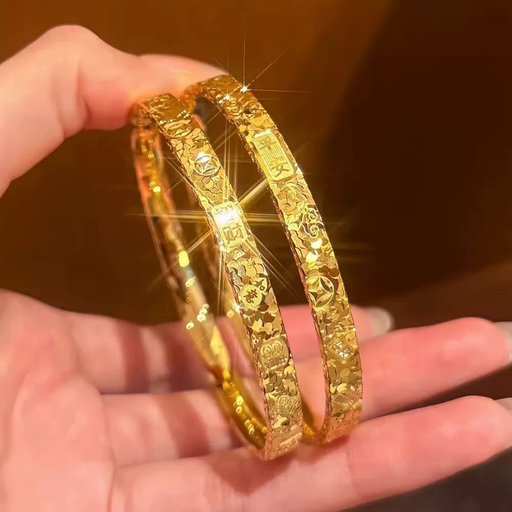 铜合金手镯 新中式三面碎碎冰吉言手镯金色素圈闭口镯子轻奢