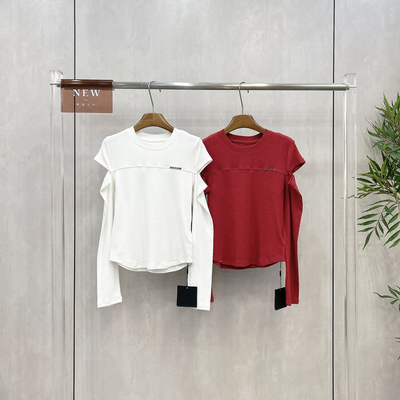 欧洲站冬季时髦洋气圆领镂空长袖女装正肩修身显瘦内搭上衣96873