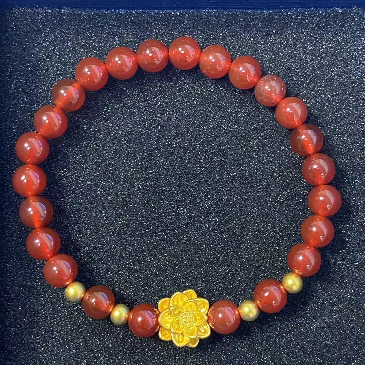 足金999古法莲花+4颗卡4古法搭红 玛 瑙手串@@A206