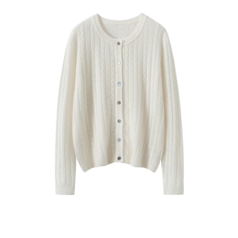 初见~圆领开衫羊绒衫短款上衣白色山羊绒纯色百搭秋冬宽松针织