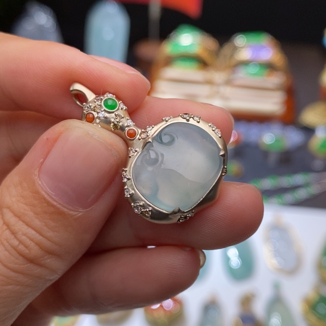 定制翡翠18K金镶嵌福禄双全