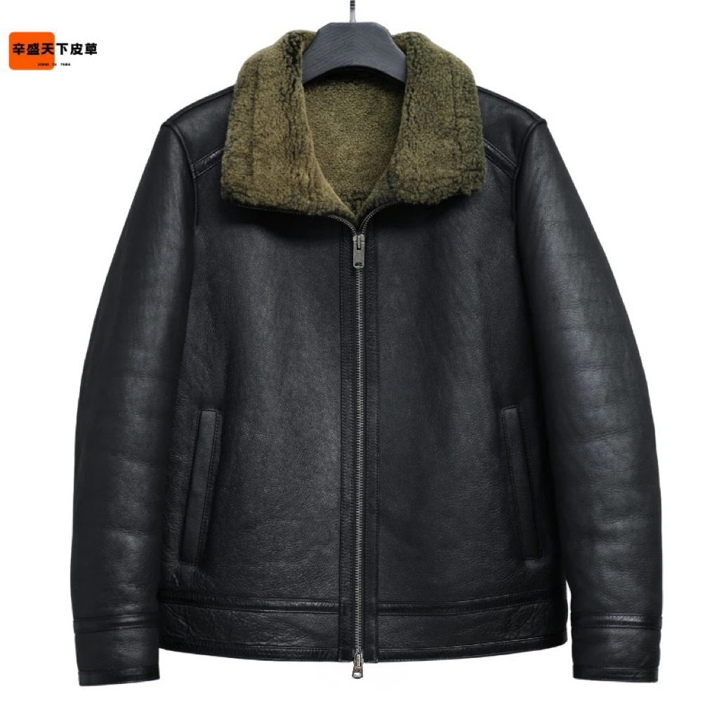 XINSE·黑色B15进口美利奴醇植浆染油蜡男士原生态羊皮毛一体皮衣