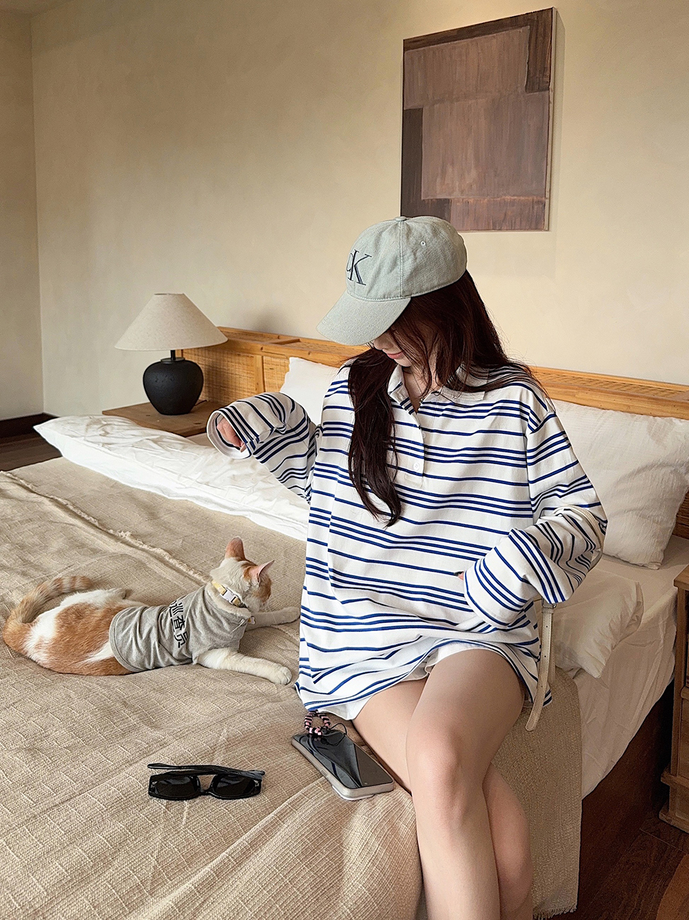  娜琏Polo领蓝条纹翻领韩系简约长袖T恤上衣 21862#