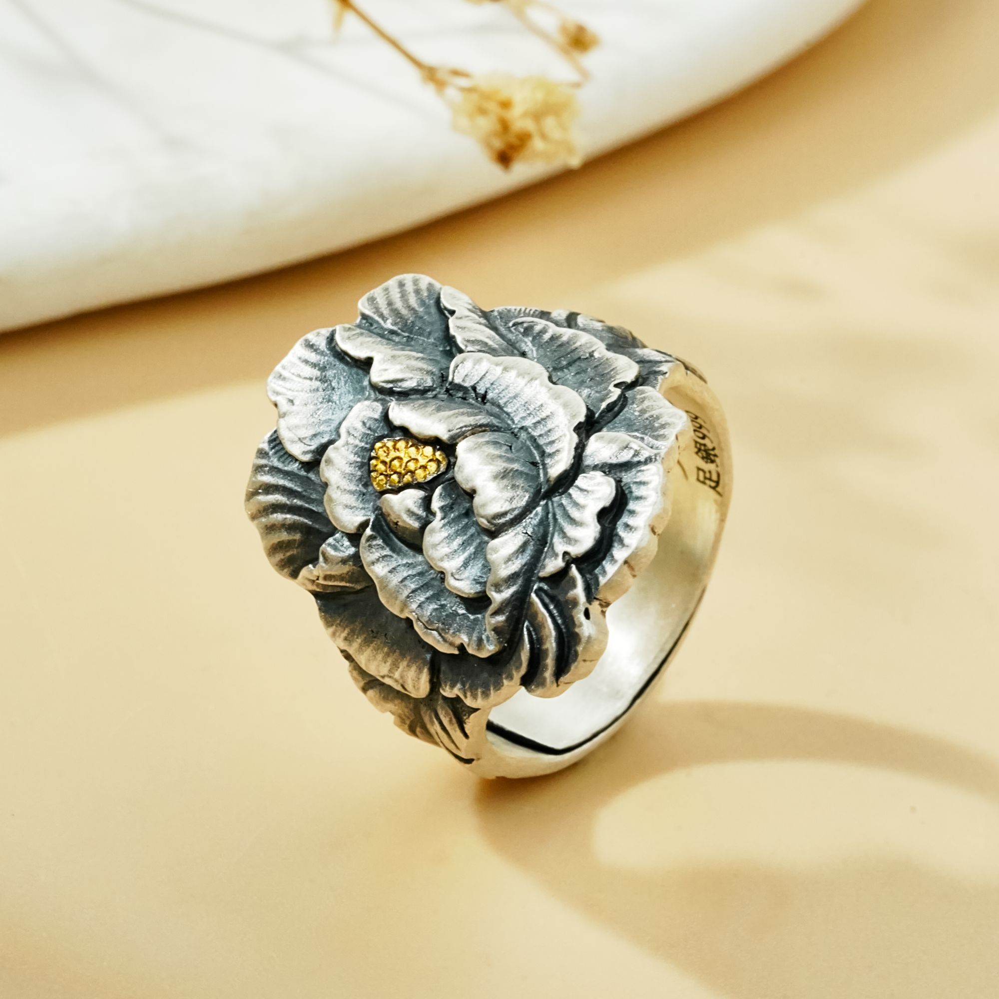 中国珠宝 足银戒指 999复古民族风錾刻牡丹戒指女士花开富贵指环