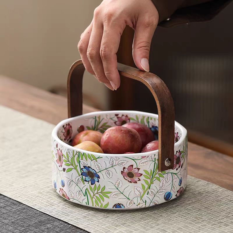 龙窑茶器  米黄-翠菊-手提水果篮（大） 6371  （直播）