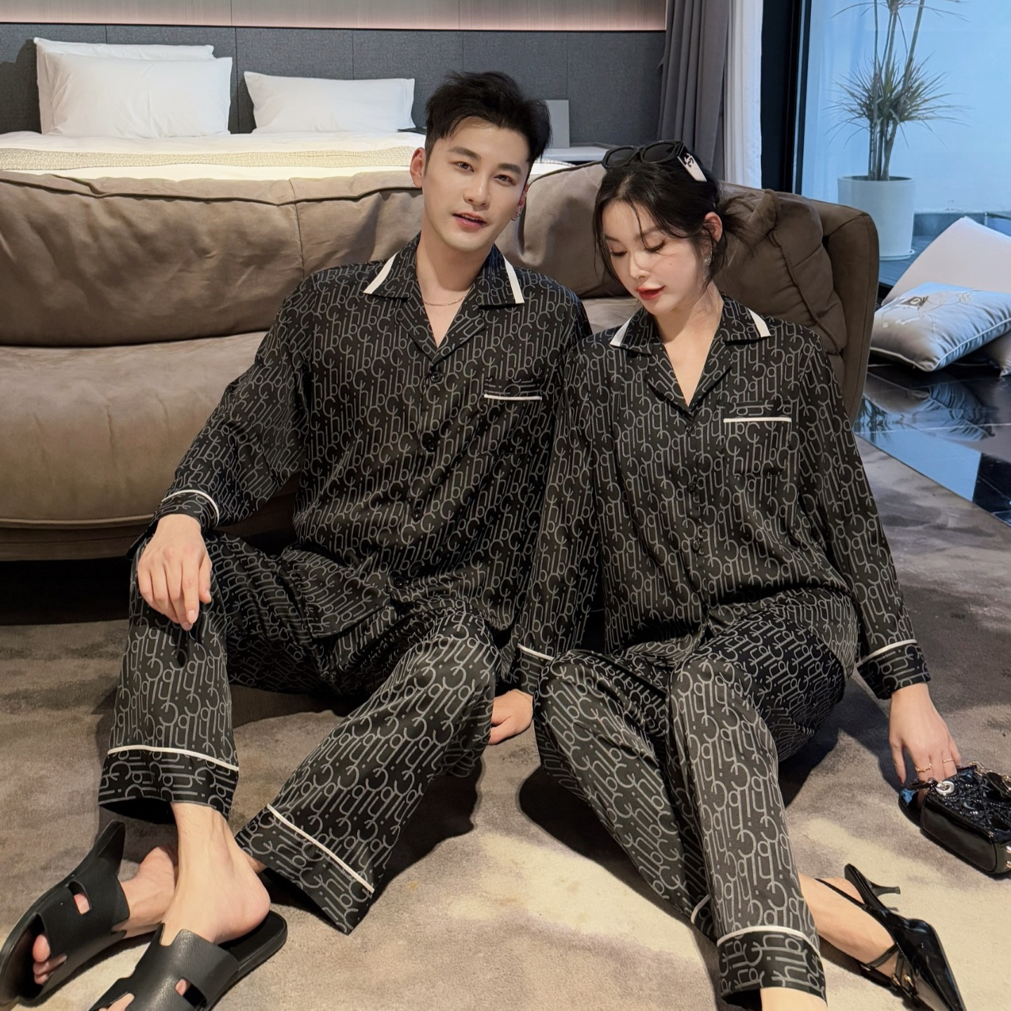 高档水光丝男士情侣睡衣薄款长袖长裤春秋家居服套装