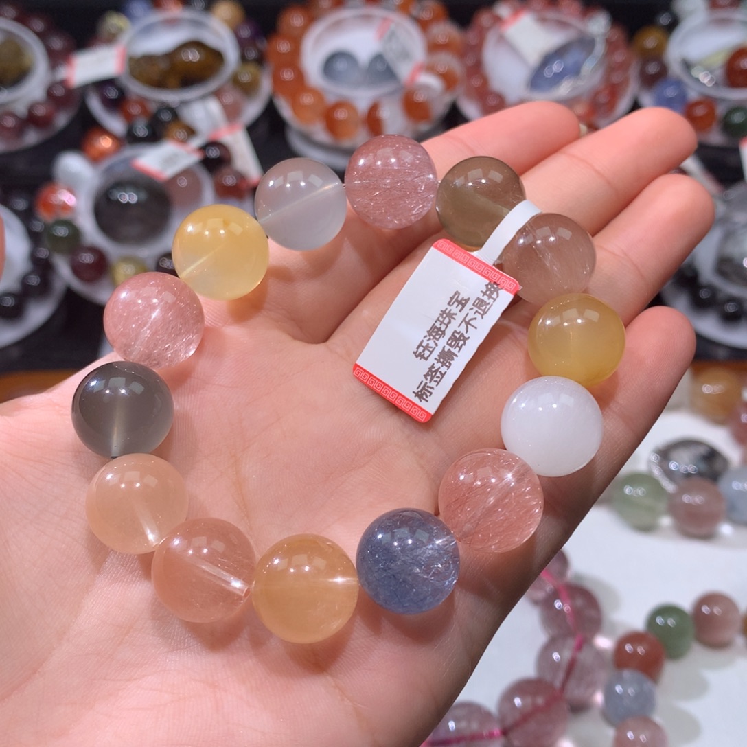 美***心水晶手串未镶嵌彩兔毛14mm