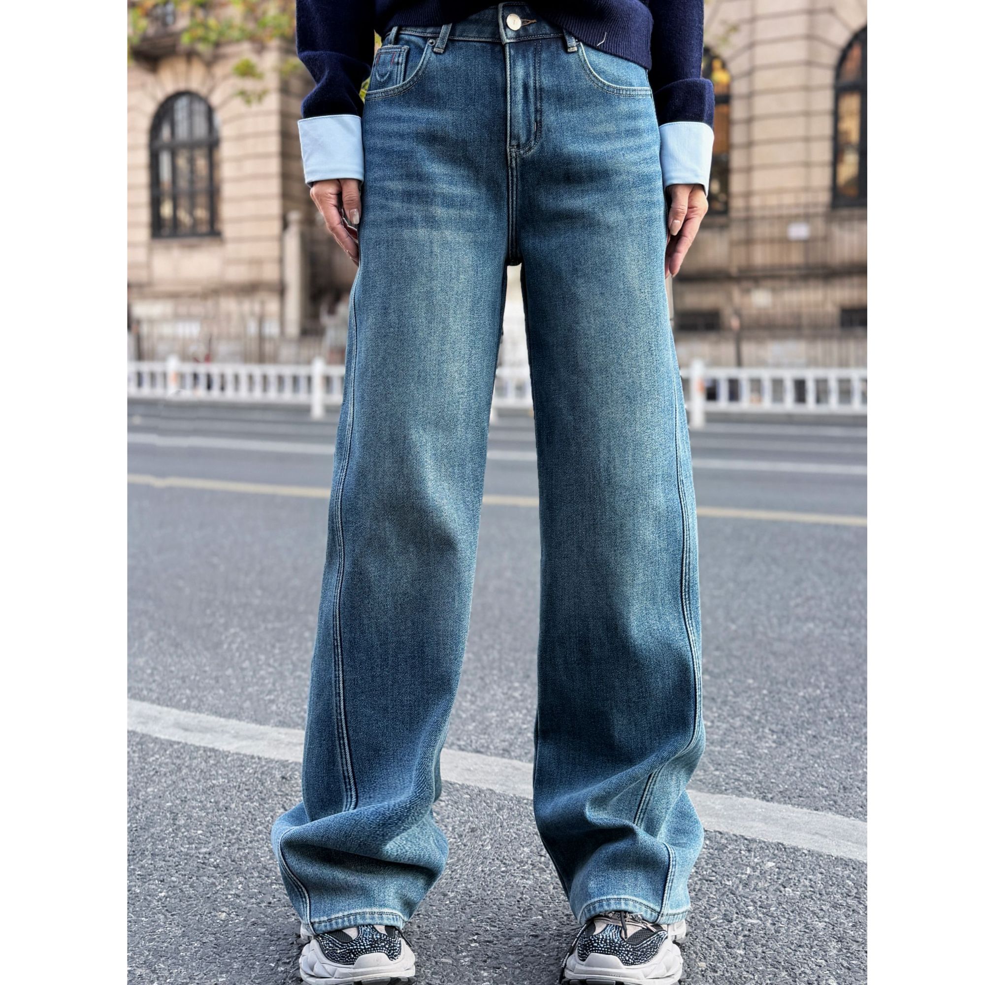 MUBINE 冬季爆款时尚百搭高腰直筒显瘦加绒牛仔裤 25313