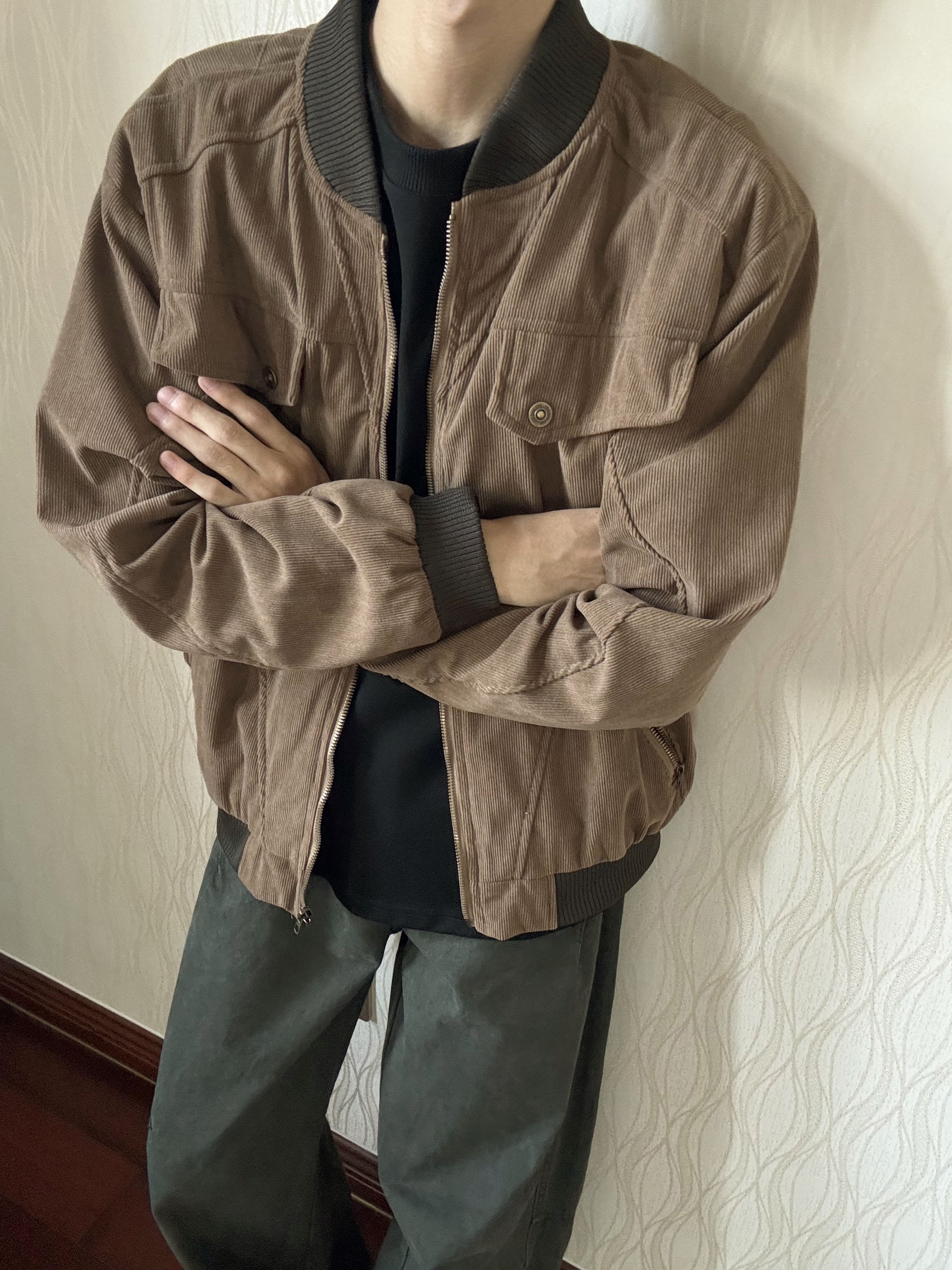 美式哈灵顿灯芯绒外套夹克潮男cleanfit做旧解构设计