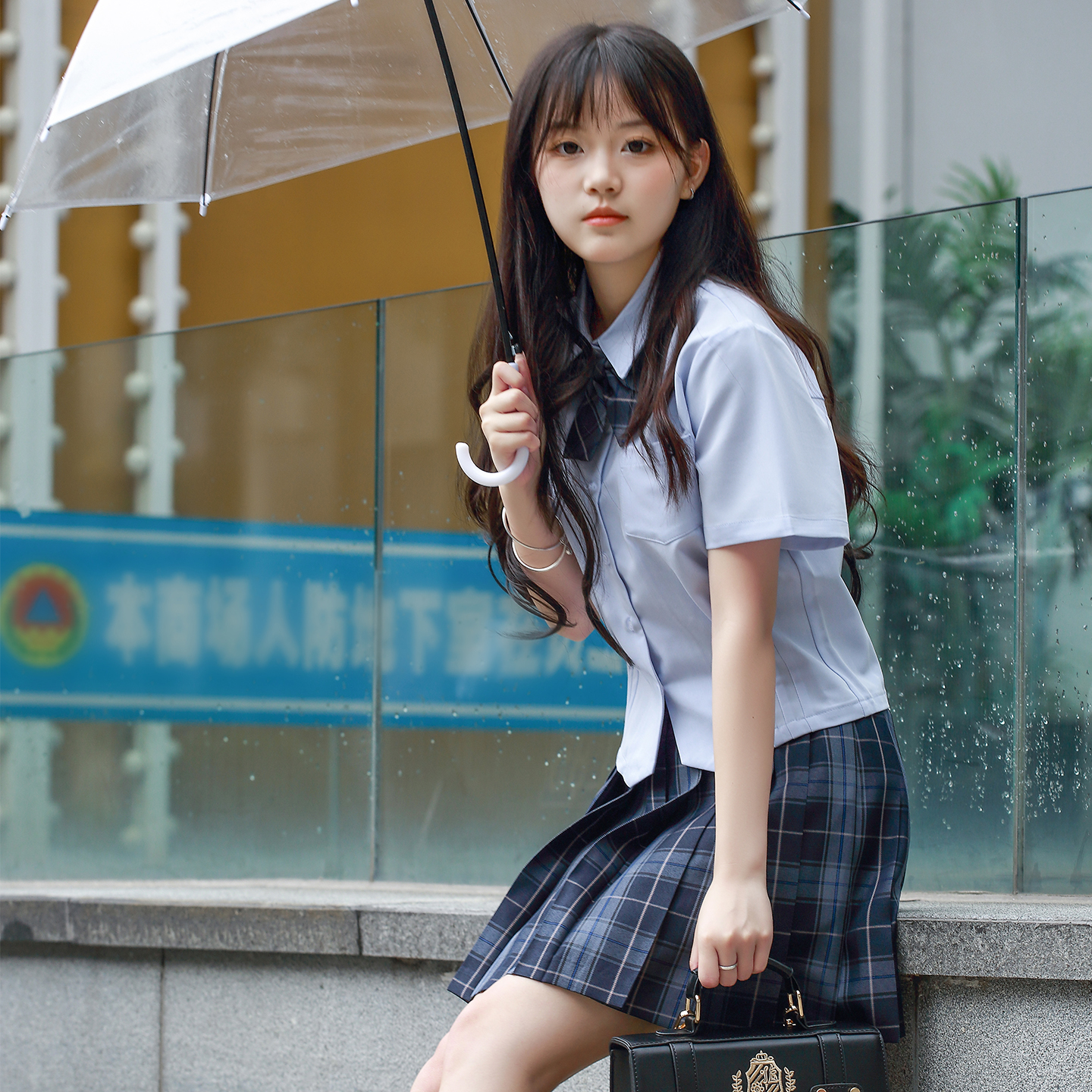 高腰格子短裙时尚套装jk制服套装少年学院风百褶裙班服衬衫衬衣夏