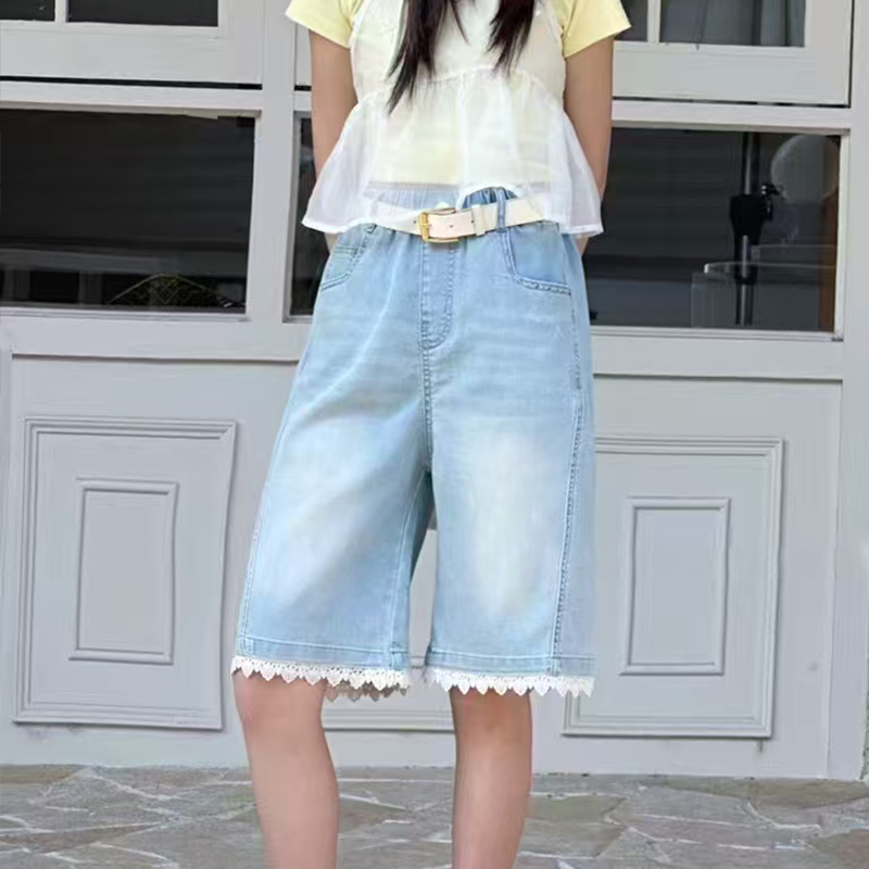 夏季牛仔短裤2025新款轻薄舒适透气女孩直筒短裤花边设计感五分裤