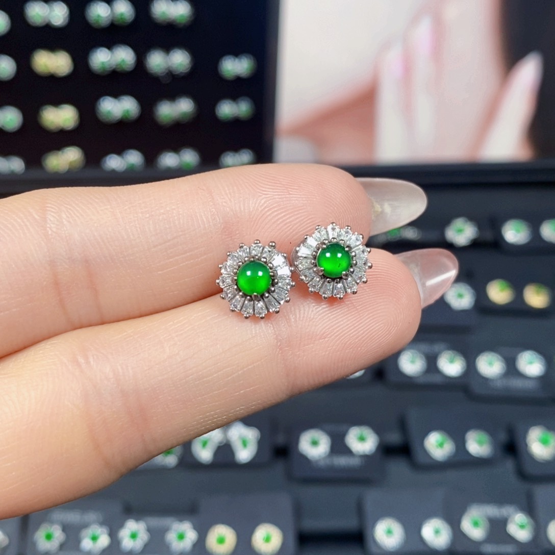 翡翠耳饰银S925镶嵌天然翡翠