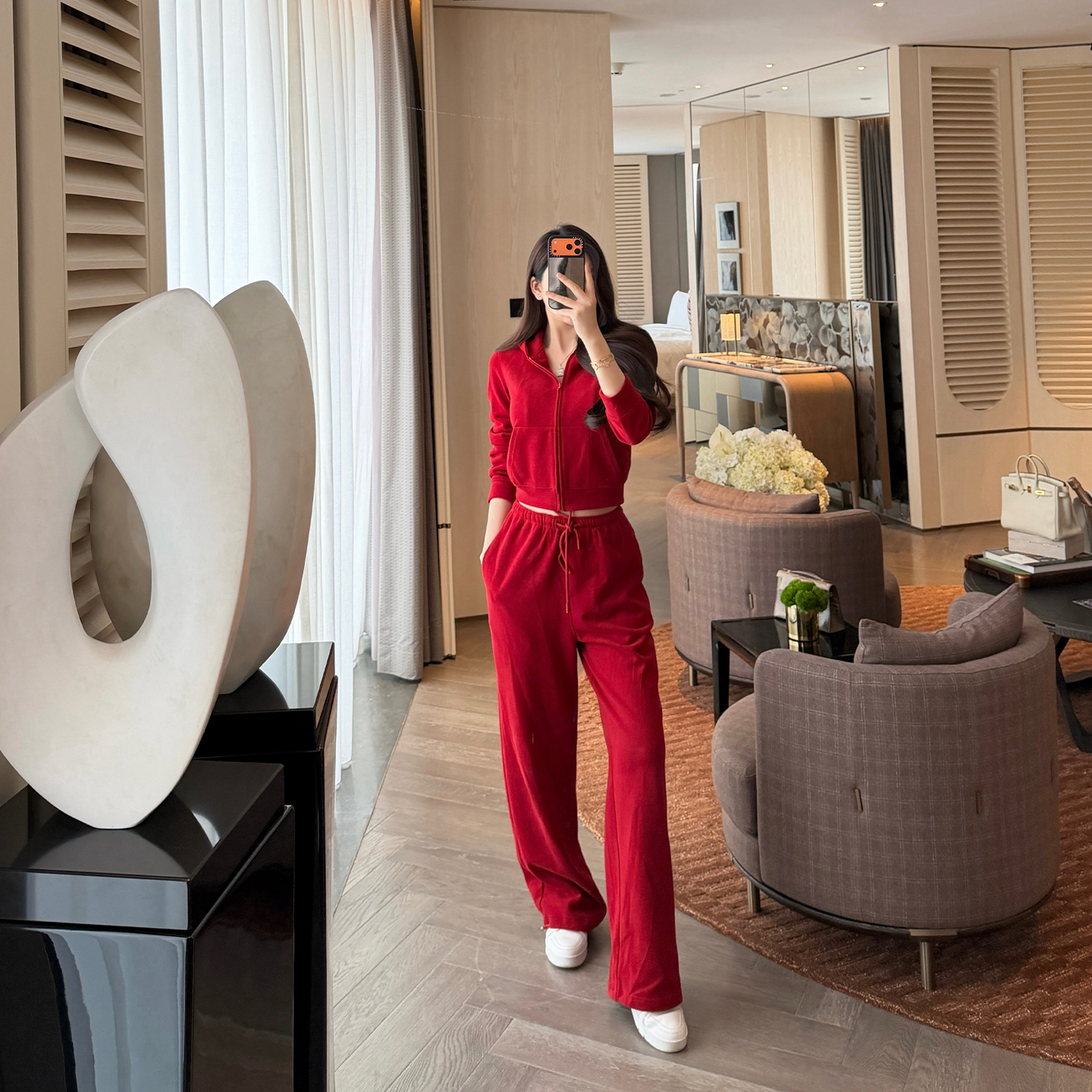 SX善喜正红色针织休闲运动套装女气质连帽卫衣外套高腰宽松阔腿裤