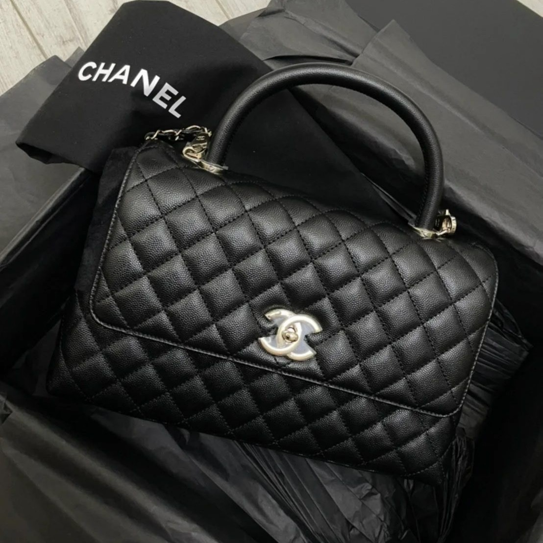 全新未使用 Chanel/香奈儿 小花柳 Handle中号29黑金荔枝皮芯片