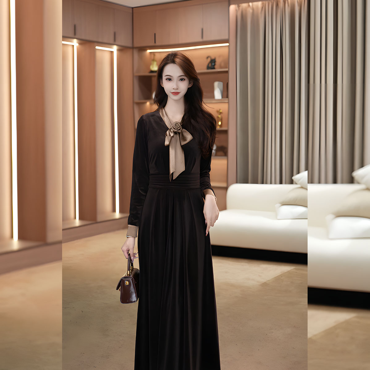 之之【瑰丽佳人】玫瑰花蝴蝶结冬日氛围感轻奢丝绒连衣裙-YSJ947074