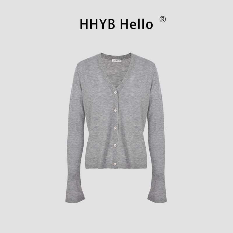 HHYB Hello超细羊毛V领长袖薄款针织空调衫开衫纯色百搭上衣M1181
