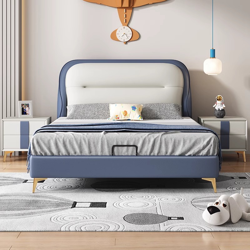 儿童床男孩青少年床现代简约单人床1.5m实木男童现代软包皮床