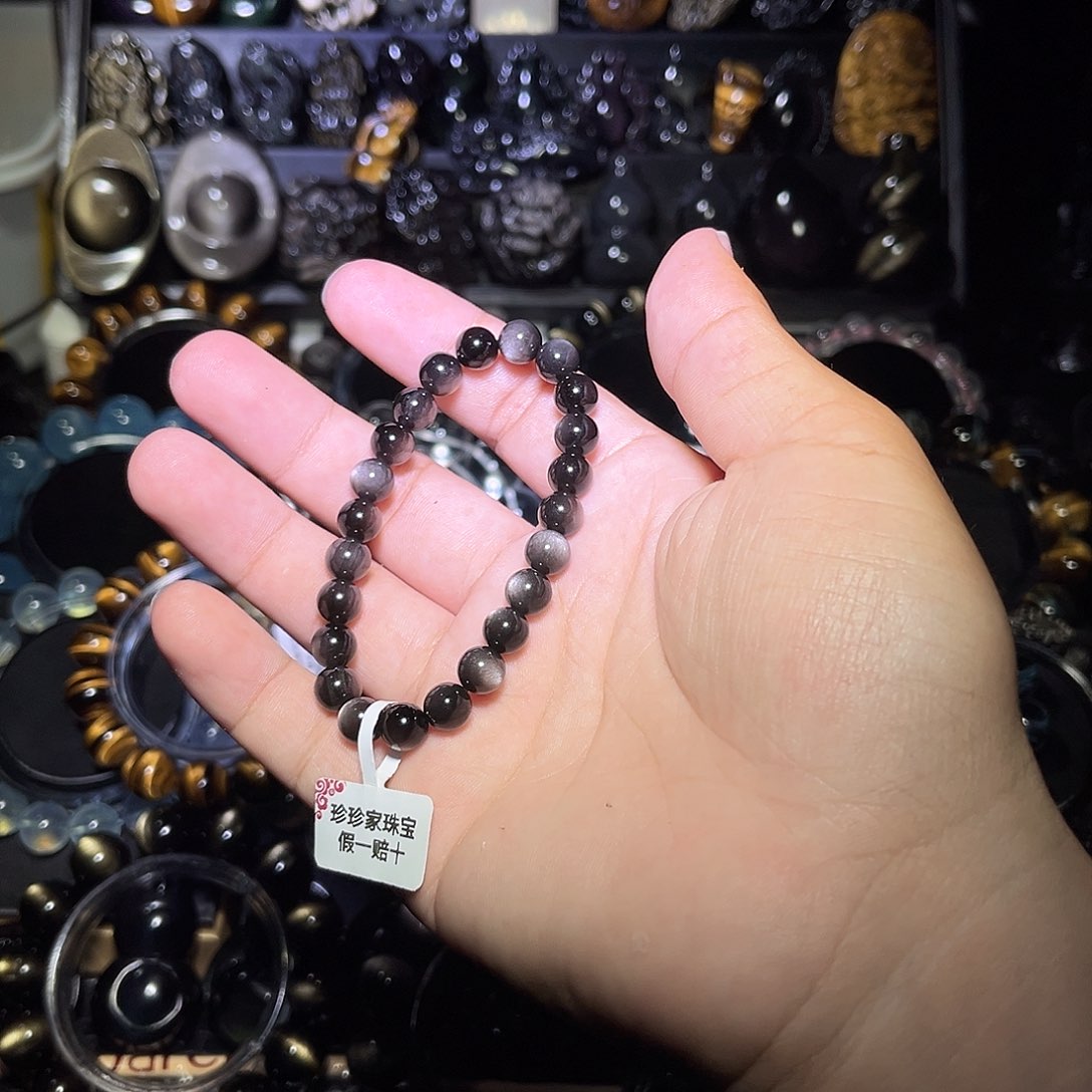 黑曜岩未镶嵌手链一***包天然银曜石8m双面圆眼