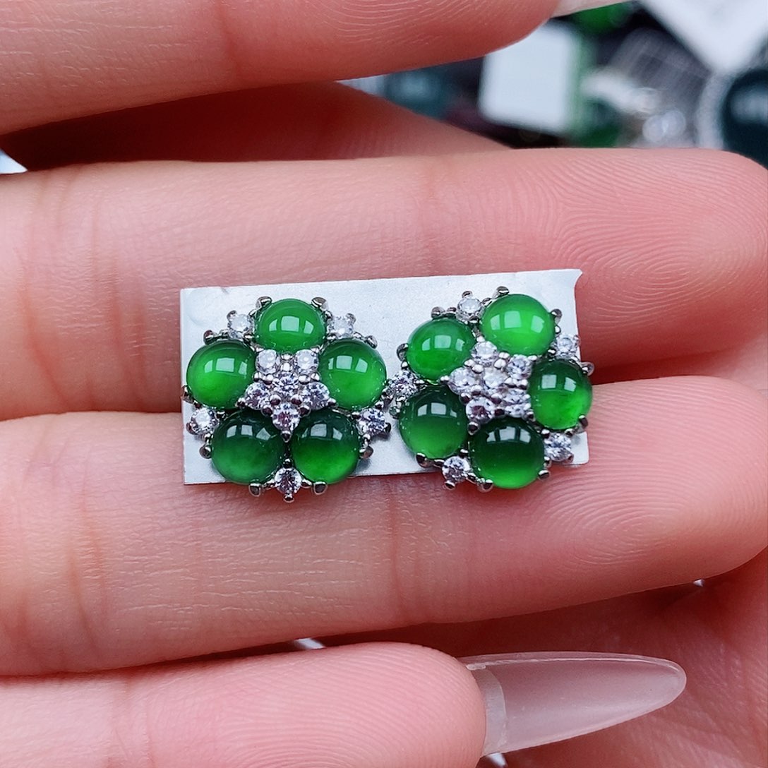 翡翠戒指银S925镶嵌耳钉