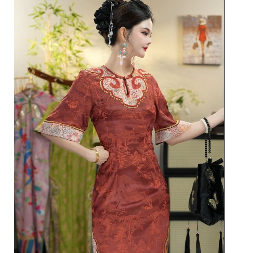 花无雪2025夏季新款中国风复古日常红色修身长款旗袍（1628）