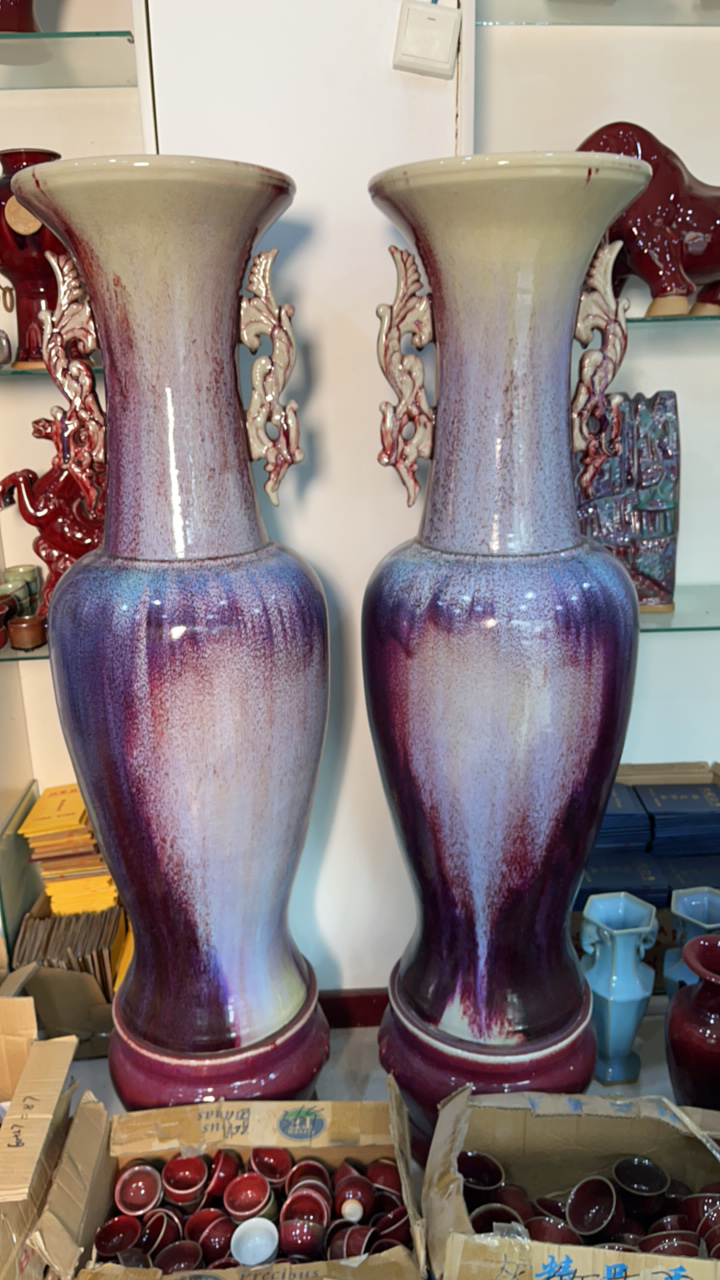 钧瓷，煤烧大瓶，加底座1.5米，釉色流动感强，绝版釉色，李家钧窑款