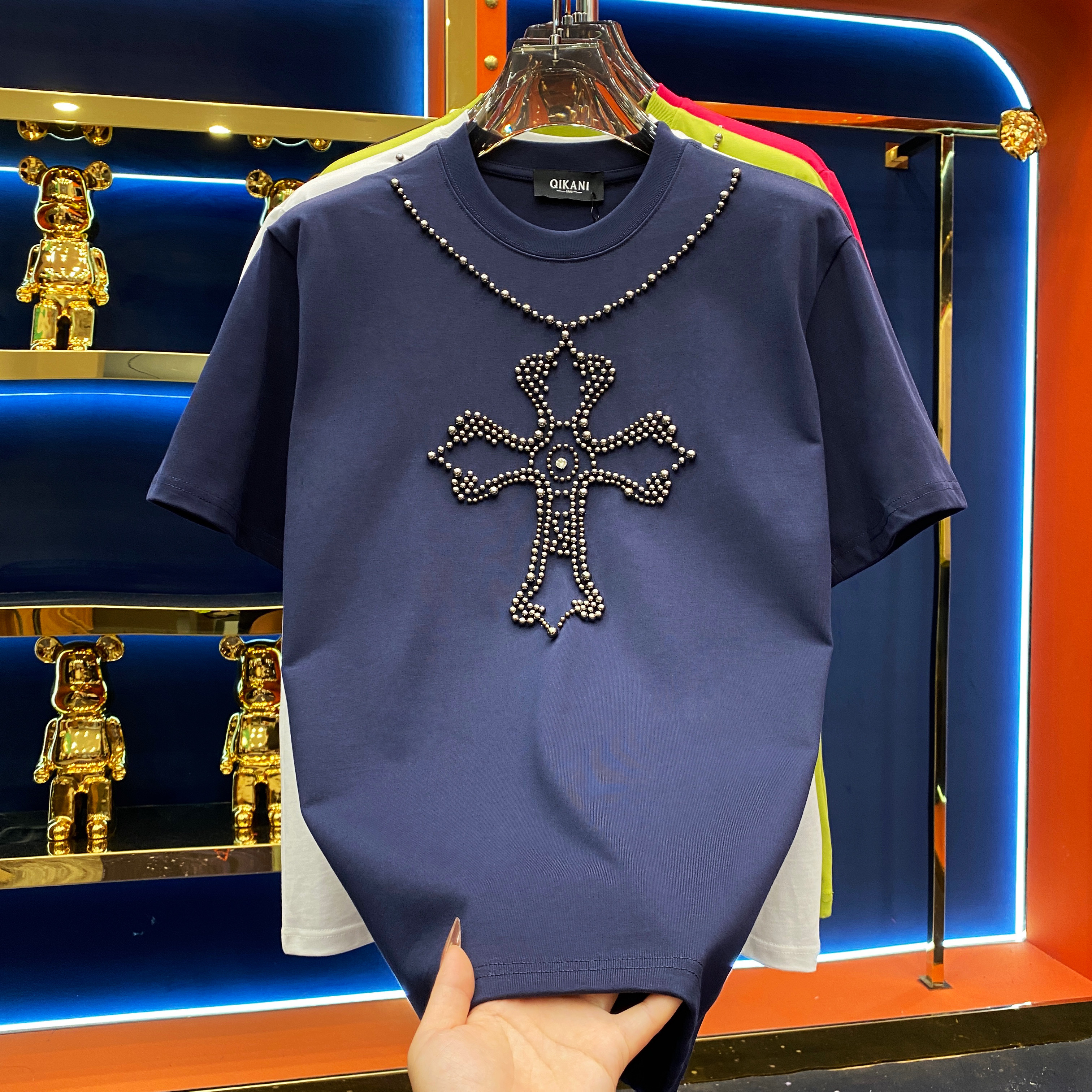 （MM）秋冬季新款轻奢潮流百搭时尚休闲钉珠圆领短袖T恤...