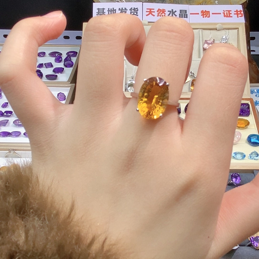 银S925镶嵌珠宝半成品水晶纯天然无优化黄水晶戒指X