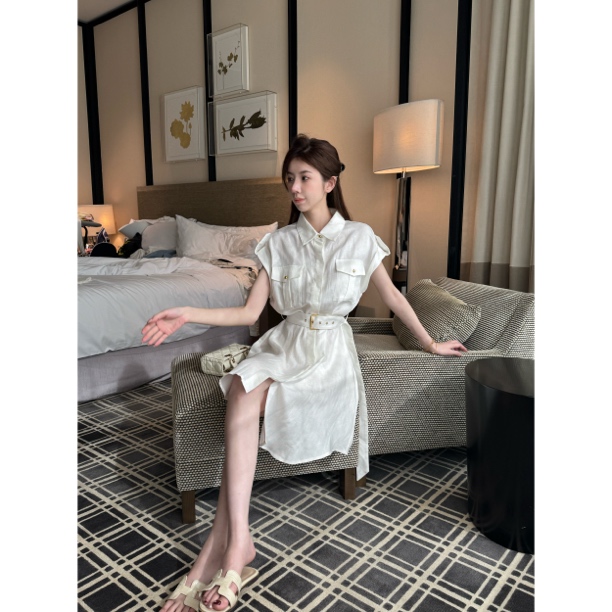 【Cikky定制】夏季米白色经典版型亚麻连衣裙宽松显瘦百搭气质女裙