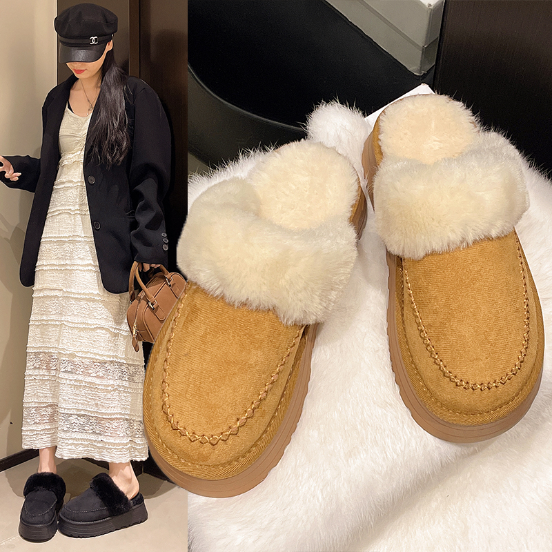 增高4cm真皮2025拖鞋女厚底毛毛拖包头拖外穿星星拖鞋秋冬保暖