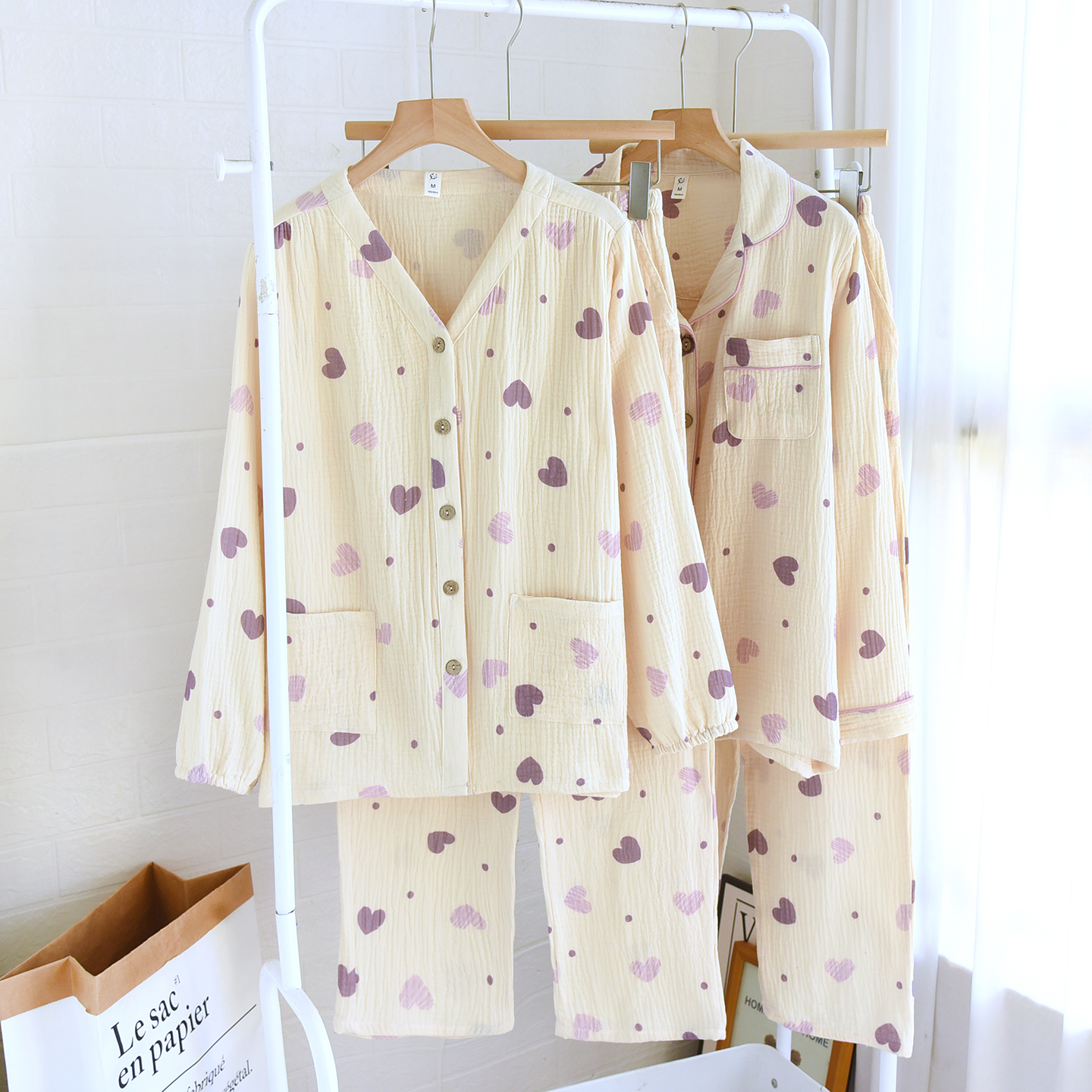 满满爱心~秋季新款100%纯棉睡衣女长袖抗菌A类棉纱宽松家居服套装