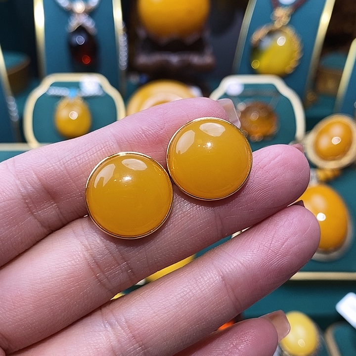 蜜蜡耳饰银S925镀金镶嵌