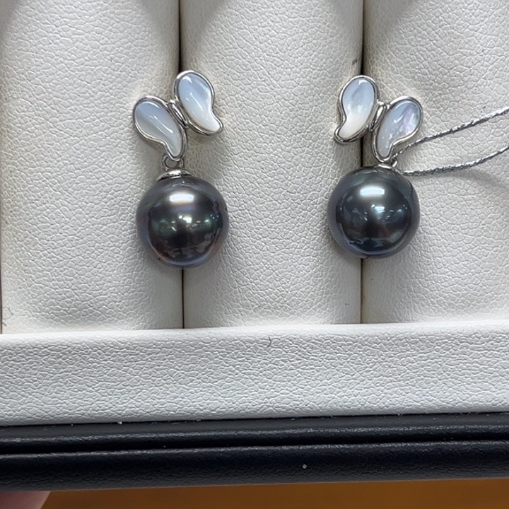 海水珍珠耳饰银S925镶嵌大溪地 10-11mm 81号