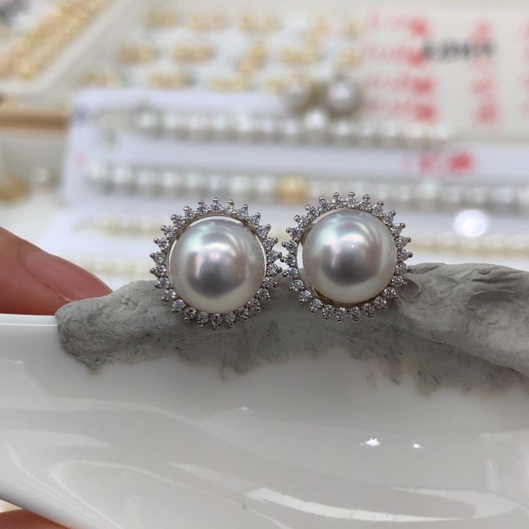 未镶嵌耳饰海水珍珠澳白10.2mm银蓝