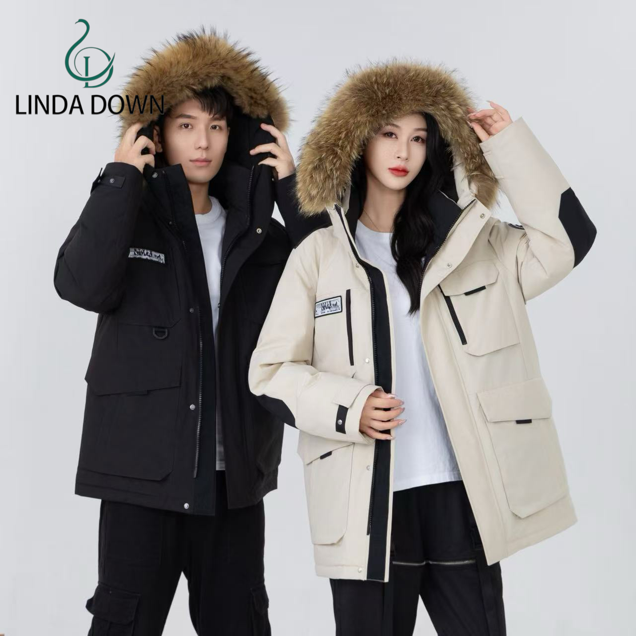 LINDA宽松型加厚纯色立领秋冬情侣工装风防风羽绒派克服