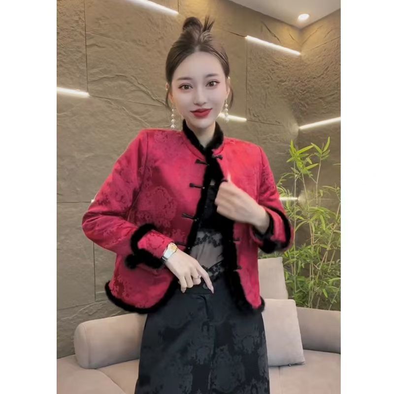 新中式印花薄棉服外套女25秋冬新款高级感复古毛毛边设计洋气百搭