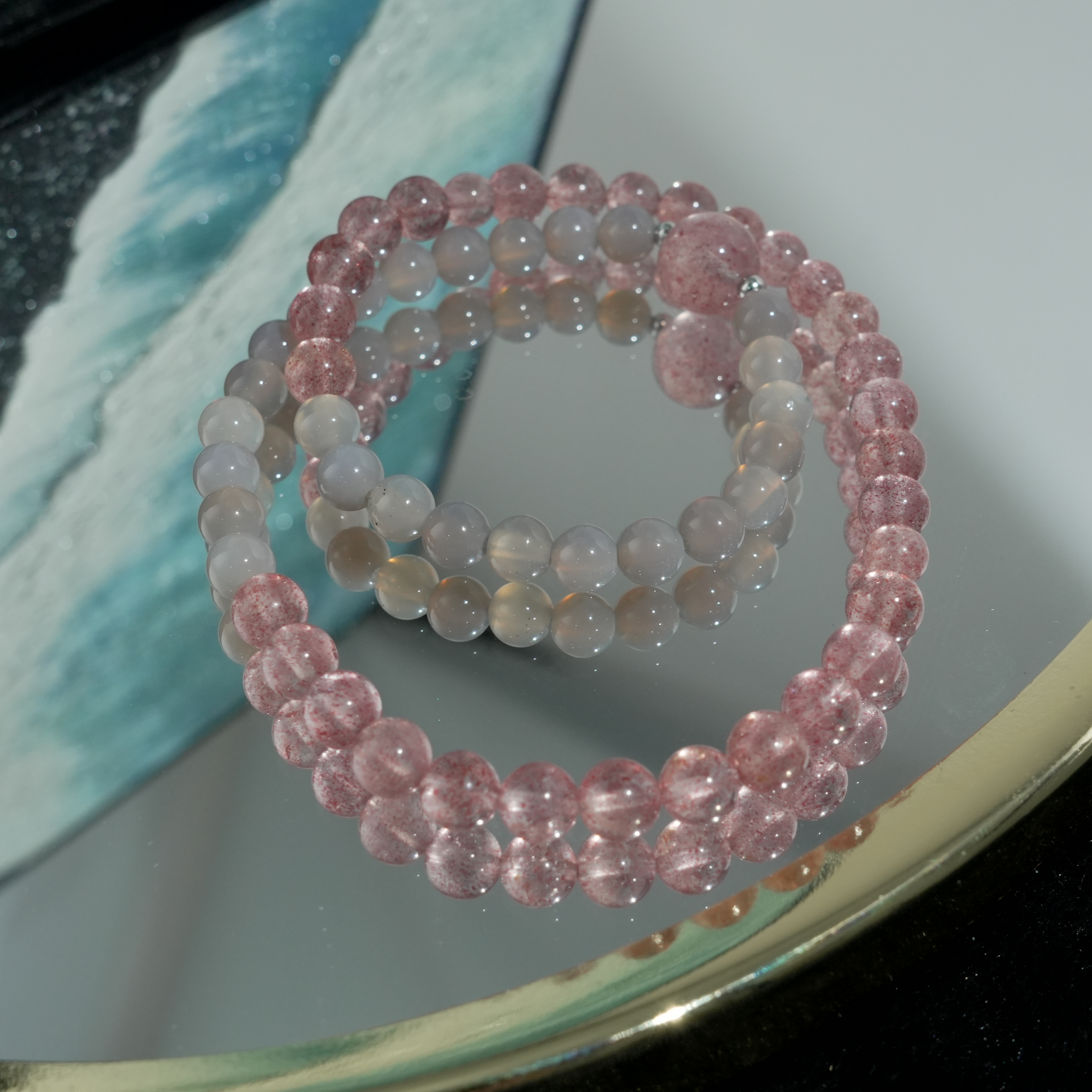 【暹罗珠宝】天然水晶草莓晶玛瑙双圈珠宝手串 5-6mm S2L85024