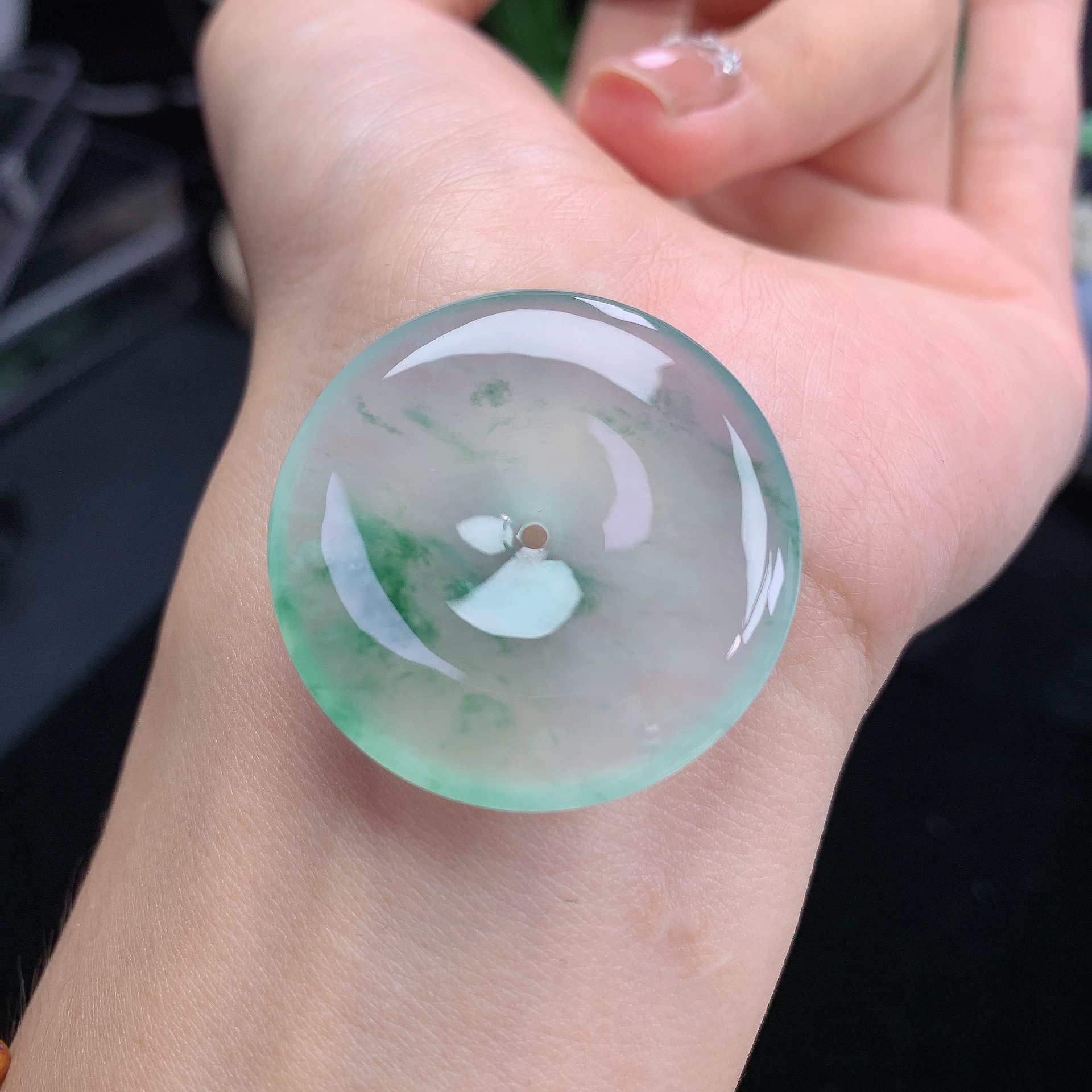 33.8×5.6mm天然缅料A货翡翠高冰飘绿花平安扣吊坠一物一证保真保A