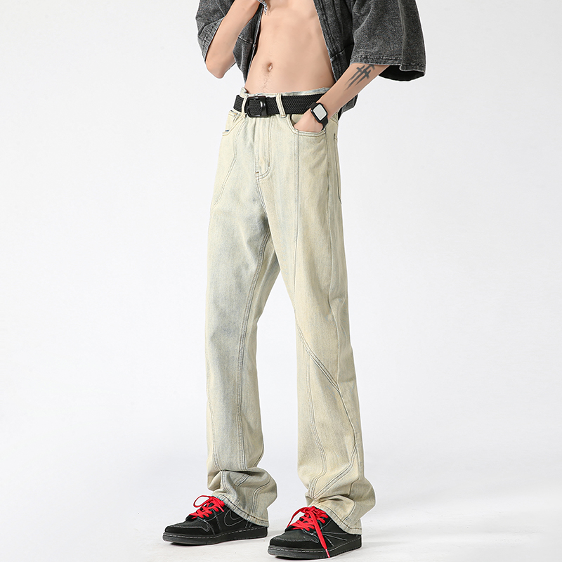 美式vibe黄泥色设计感拼接微喇牛仔裤男高街潮牌宽松垂感休闲长裤