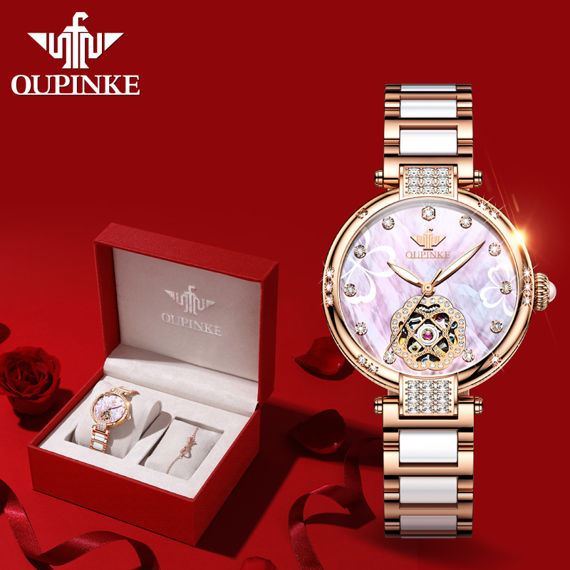 官方瑞士欧品客正品全自动机械四叶草陶瓷精钢女表镶钻时尚3183