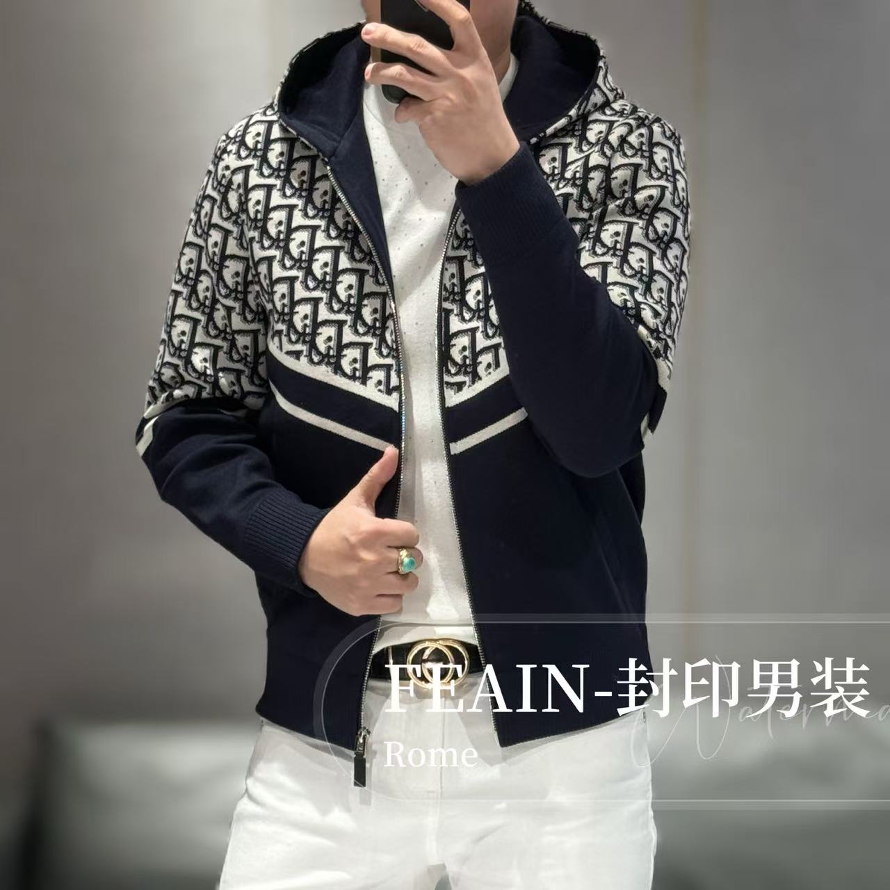高端男士全立体提花针织连帽开衫夹克6523