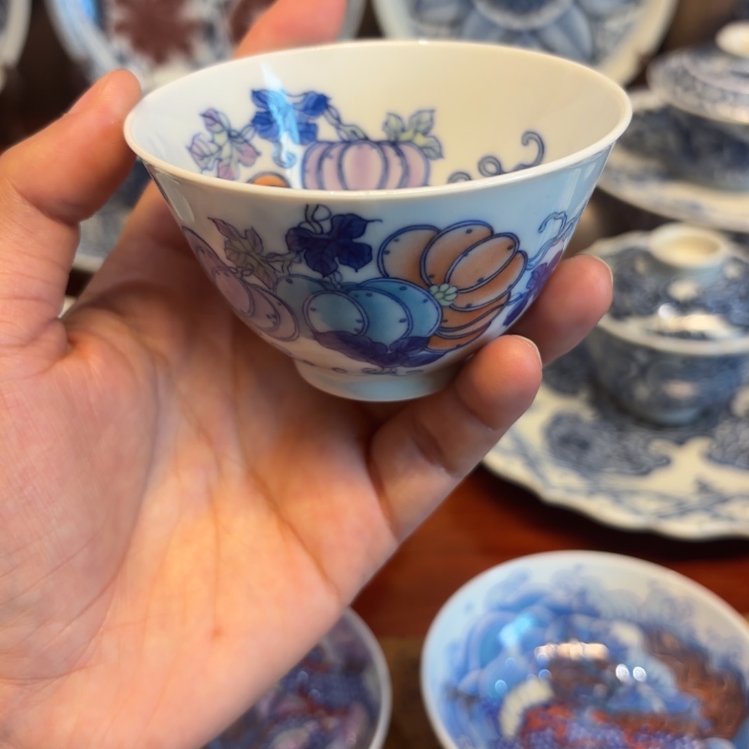 瓷片手绘茶具斗彩南瓜杯瑕出福利