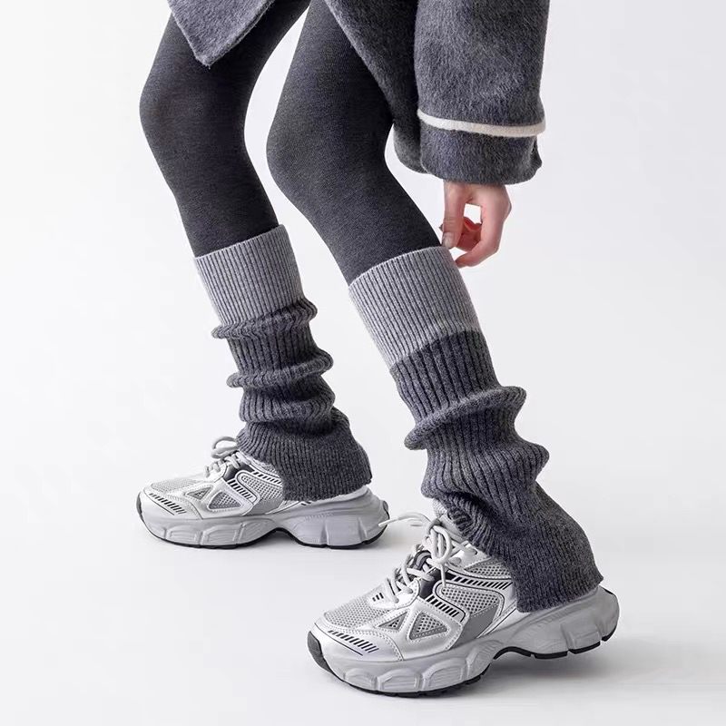 袜套女秋冬羊绒长筒袜加厚保暖学院风腿套拼色缺口美拉德针织小腿