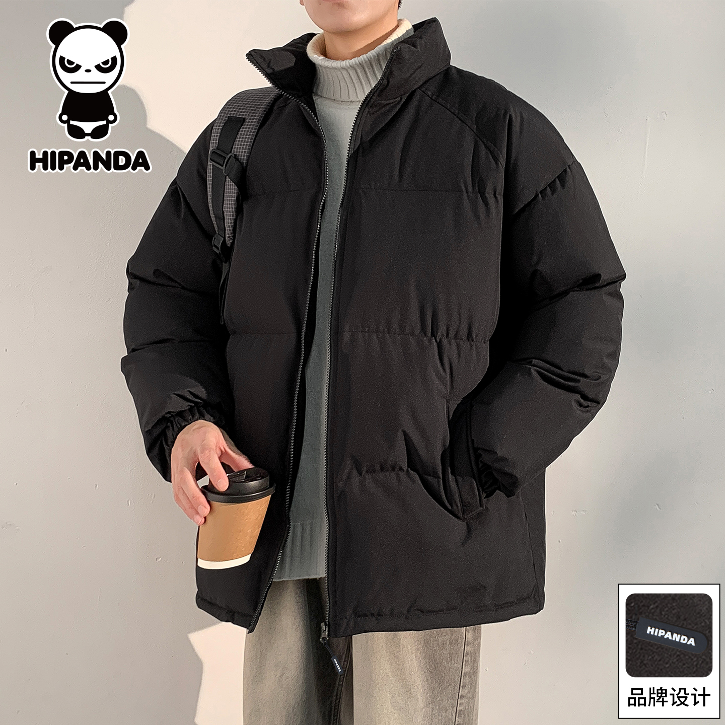 Hi Panda你好熊冬季美式纯色立领棉衣外套男士保暖面包服情侣棉袄